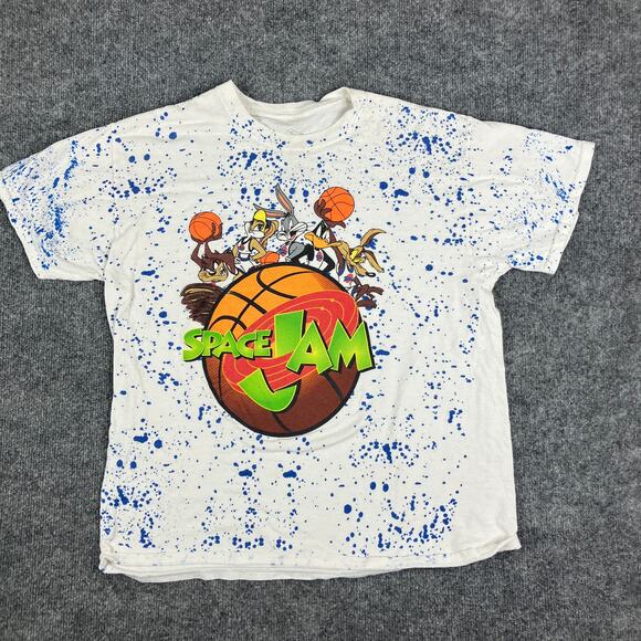 Space Jam T-Shirt Mens L White Blue Splatter Graphic Looney Tunes Basketball - Picture 1 of 7